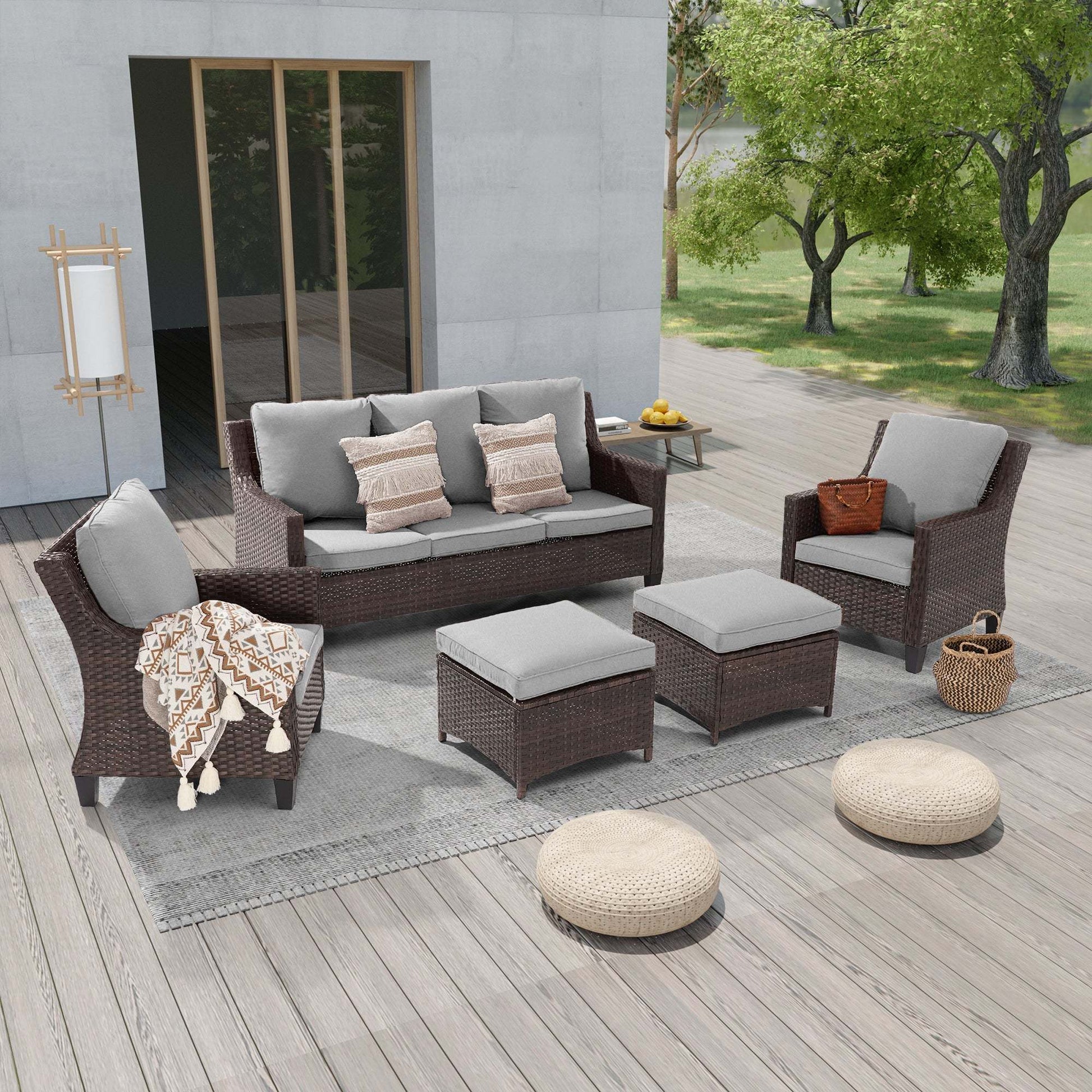 SONKUKI Patio Outdoor Furniture Set Brown Rattan Coversation Seating Set Thickening Cushions With 3-Seater, Ottomans for Lawn, Poolside.