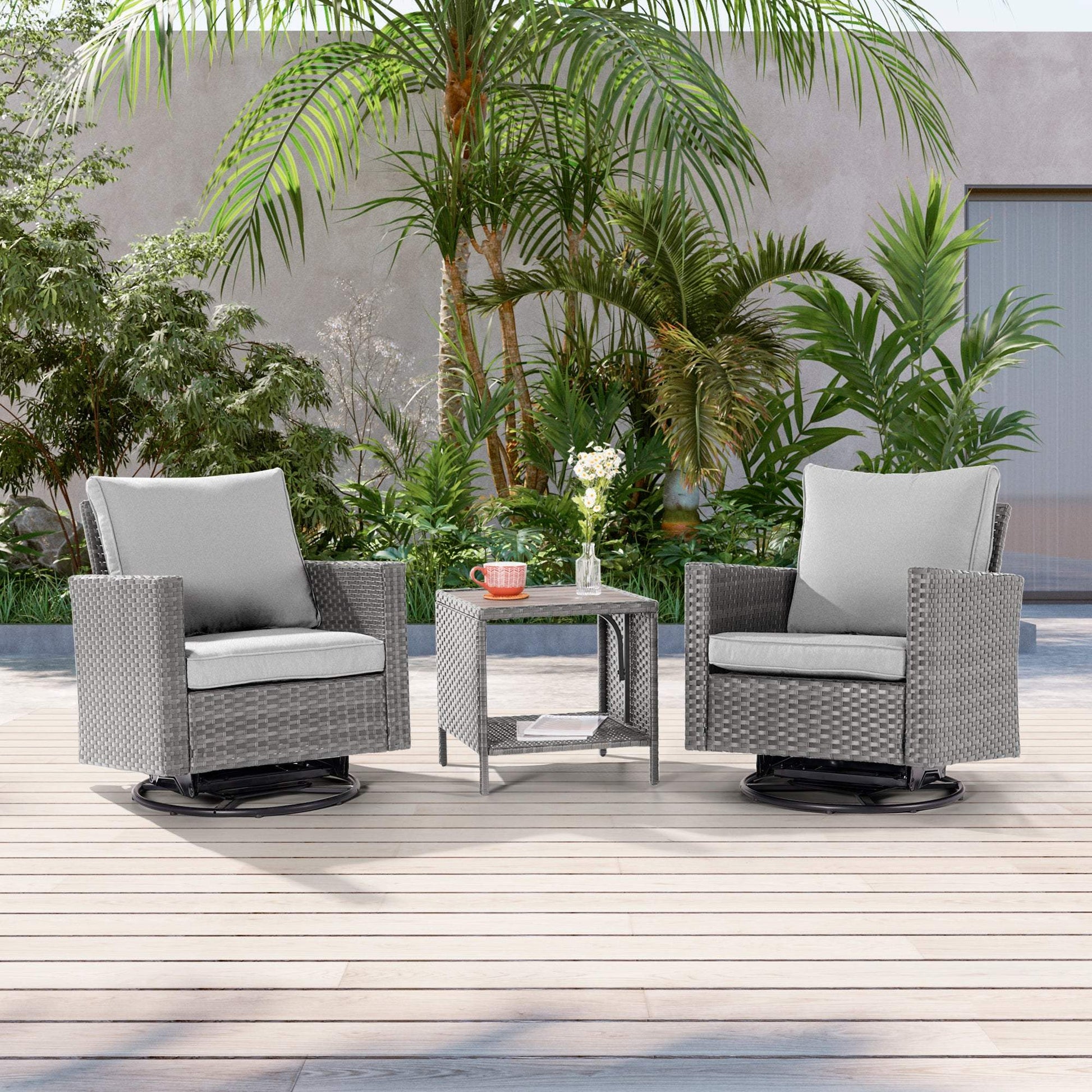 SONKUKI 3-Piece Patio Sofa Set Gray Rattan Swivel Rocking Chair For Backyard.