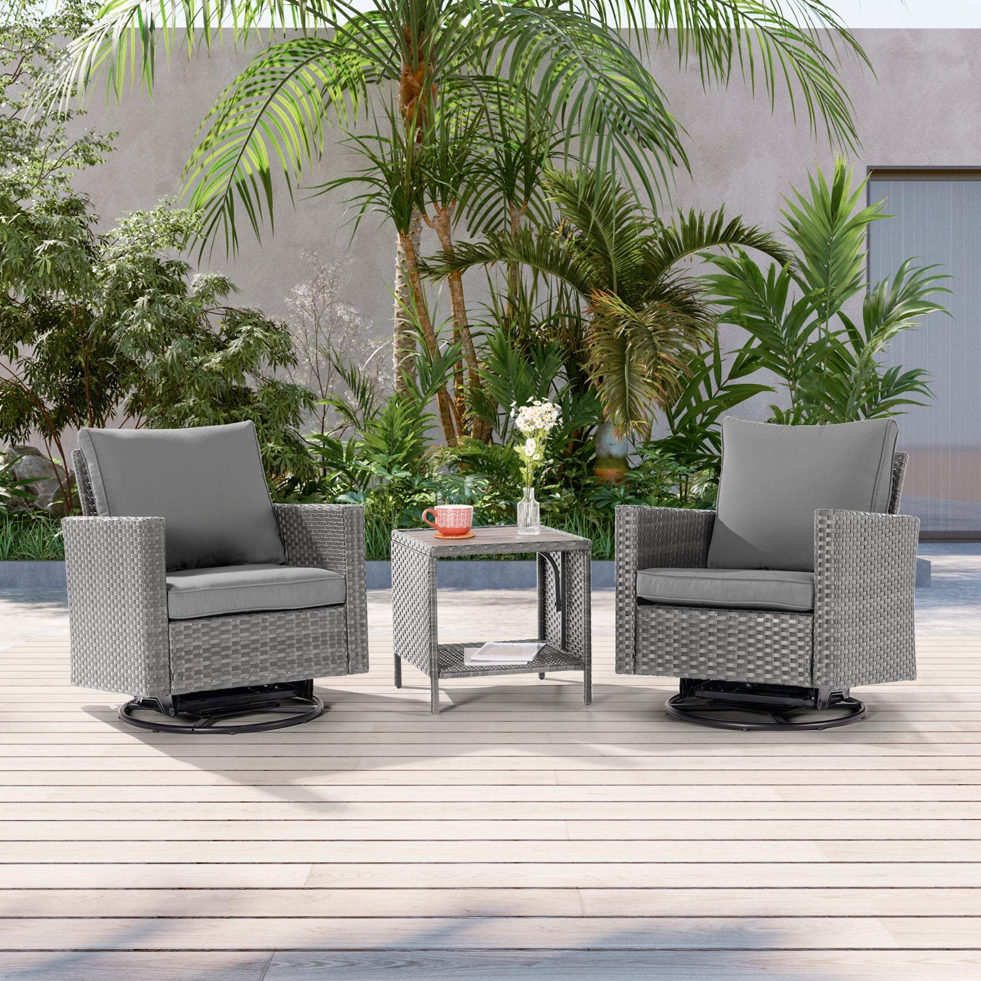 SONKUKI 3-Piece Patio Sofa Set Gray Rattan Swivel Rocking Chair For Backyard.