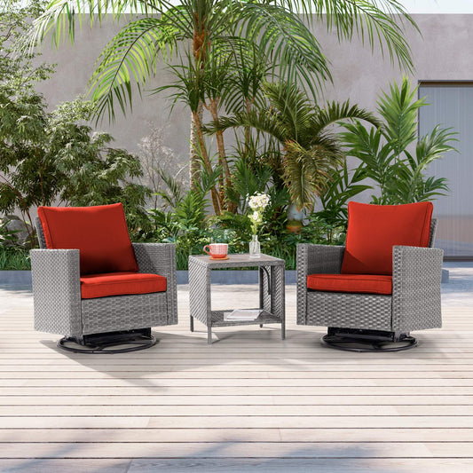 SONKUKI 3-Piece Patio Sofa Set Gray Rattan Swivel Rocking Chair For Backyard.