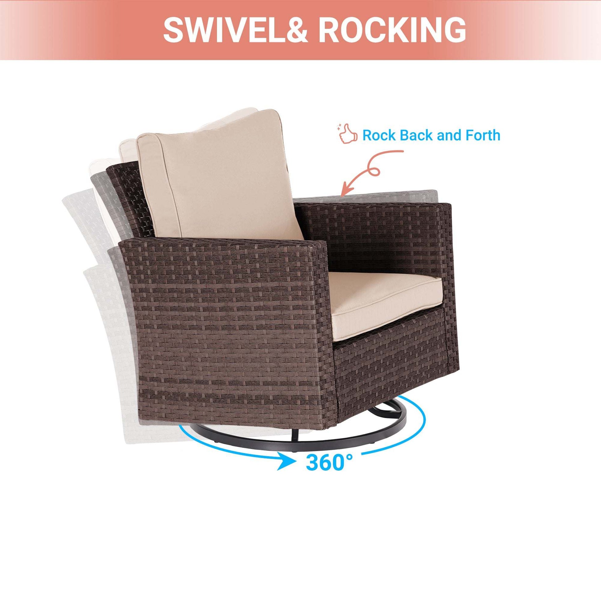 SONKUKI 3-Piece Patio Sofa Set Brown Rattan Swivel Rocking Chair Set Coffee Table Suiting Backyard, Poolside and Patio.