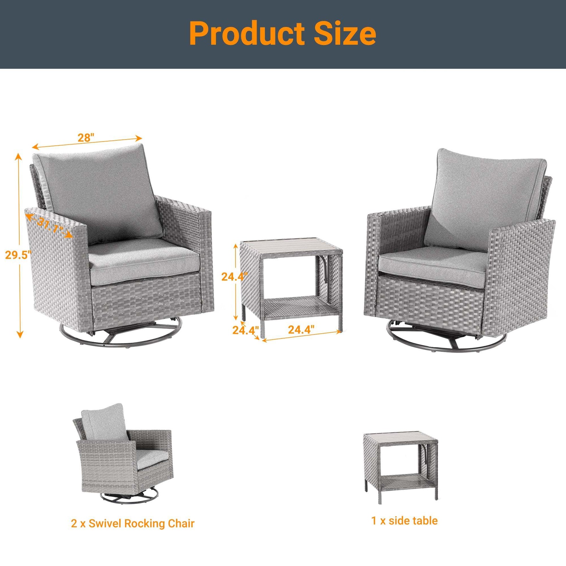 SONKUKI 3-Piece Patio Sofa Set Gray Rattan Swivel Rocking Chair For Backyard.