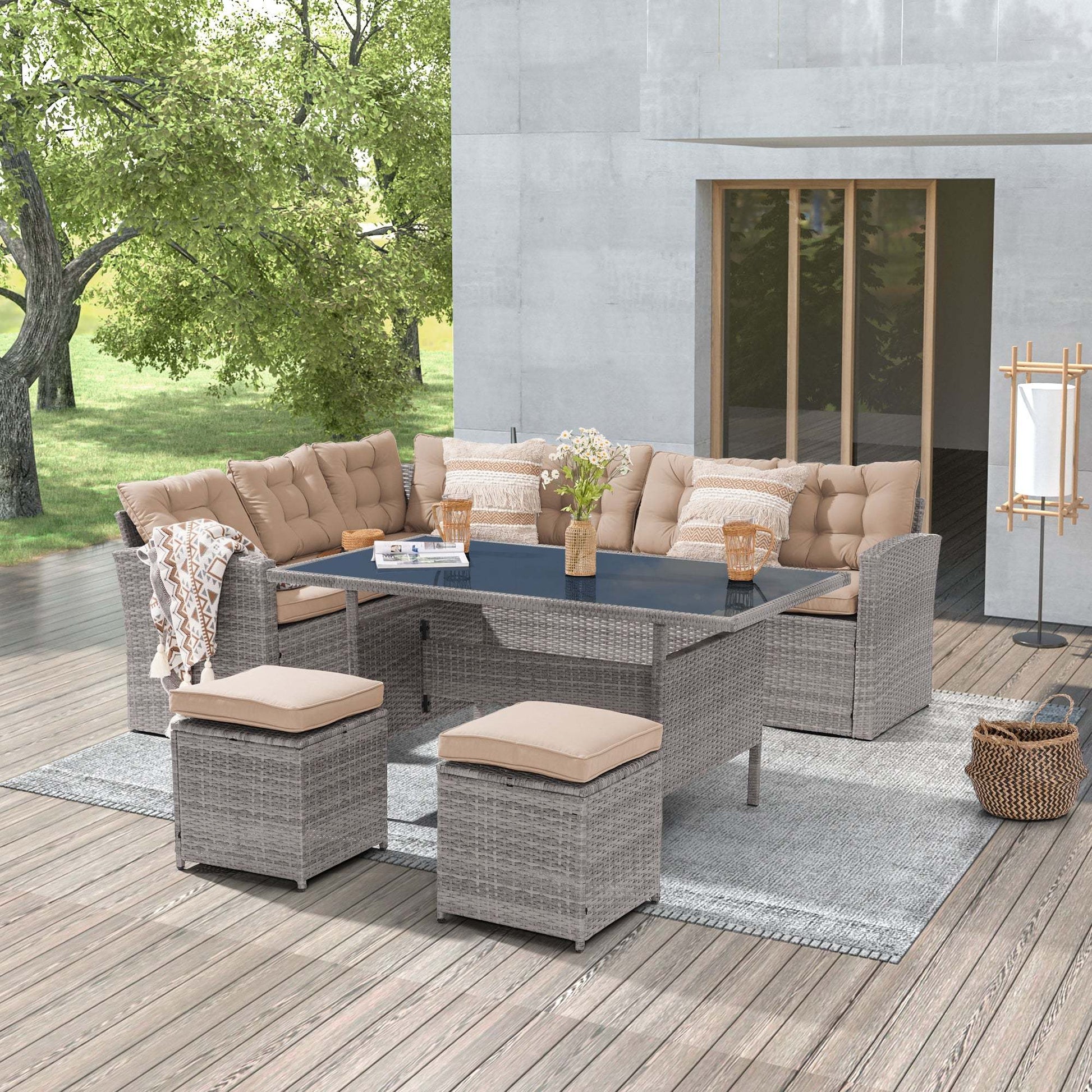 SONKUKI 5-Piece Patio Dining Sofa Set Widened Back and Arm PE Rattan Outdoor Furniture Set Suiting Backyard, Poolside and Patio.