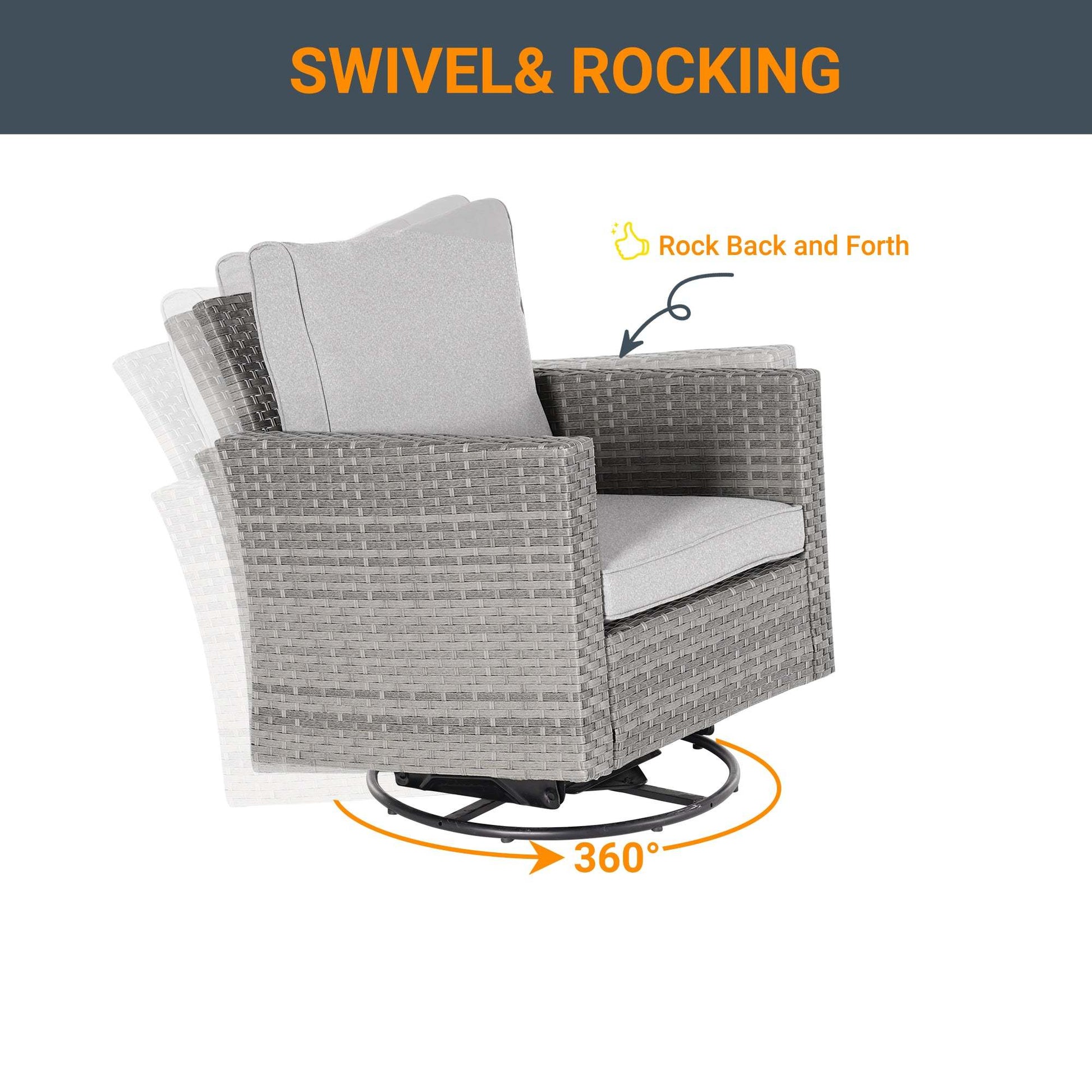 SONKUKI 3-Piece Patio Sofa Set Gray Rattan Swivel Rocking Chair For Backyard.