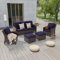 SONKUKI Patio Outdoor Furniture Set Brown Rattan Coversation Seating Set Thickening Cushions With 3-Seater, Ottomans for Lawn, Poolside.