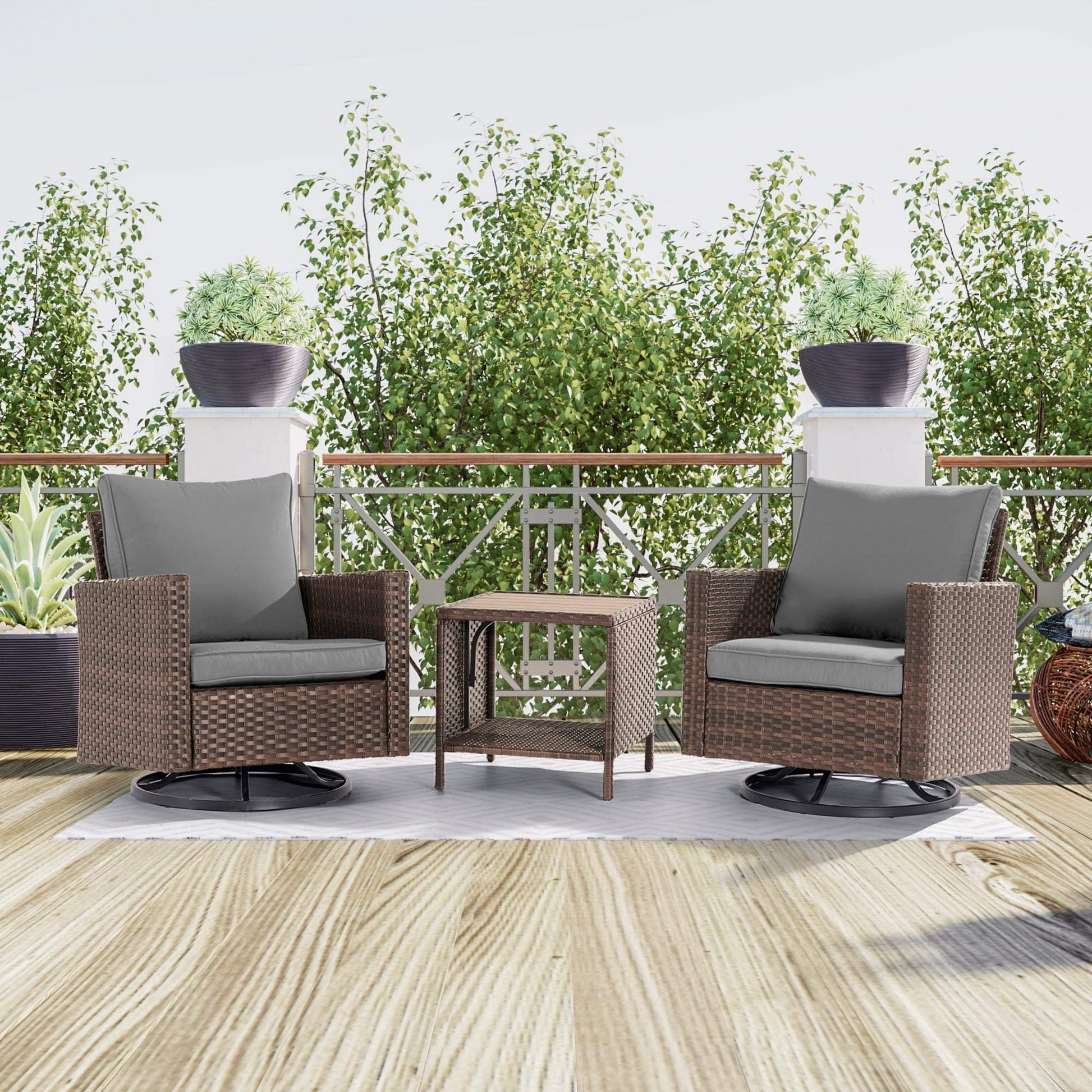 SONKUKI 3-Piece Patio Sofa Set Brown Rattan Swivel Rocking Chair Set Coffee Table Suiting Backyard, Poolside and Patio.