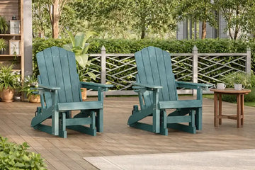 Two green outdoor Adirondack chairs on a wooden patio deck