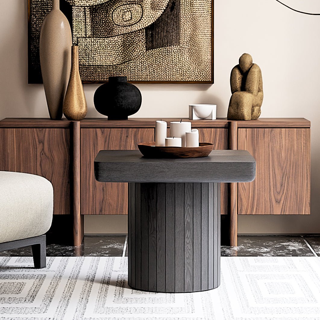23.6'' Modern Solid Wood Veneer End Table, Minimalist Square Side Table with Parquet Pattern, Grooved Cylindrical Base & Thickened Tabletop, Compact Accent Table for Living Room, Matte Black - Sonkuki