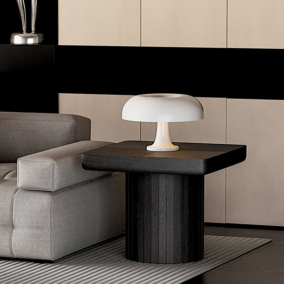 23.6'' Modern Solid Wood Veneer End Table, Minimalist Square Side Table with Parquet Pattern, Grooved Cylindrical Base & Thickened Tabletop, Compact Accent Table for Living Room, Matte Black - Sonkuki