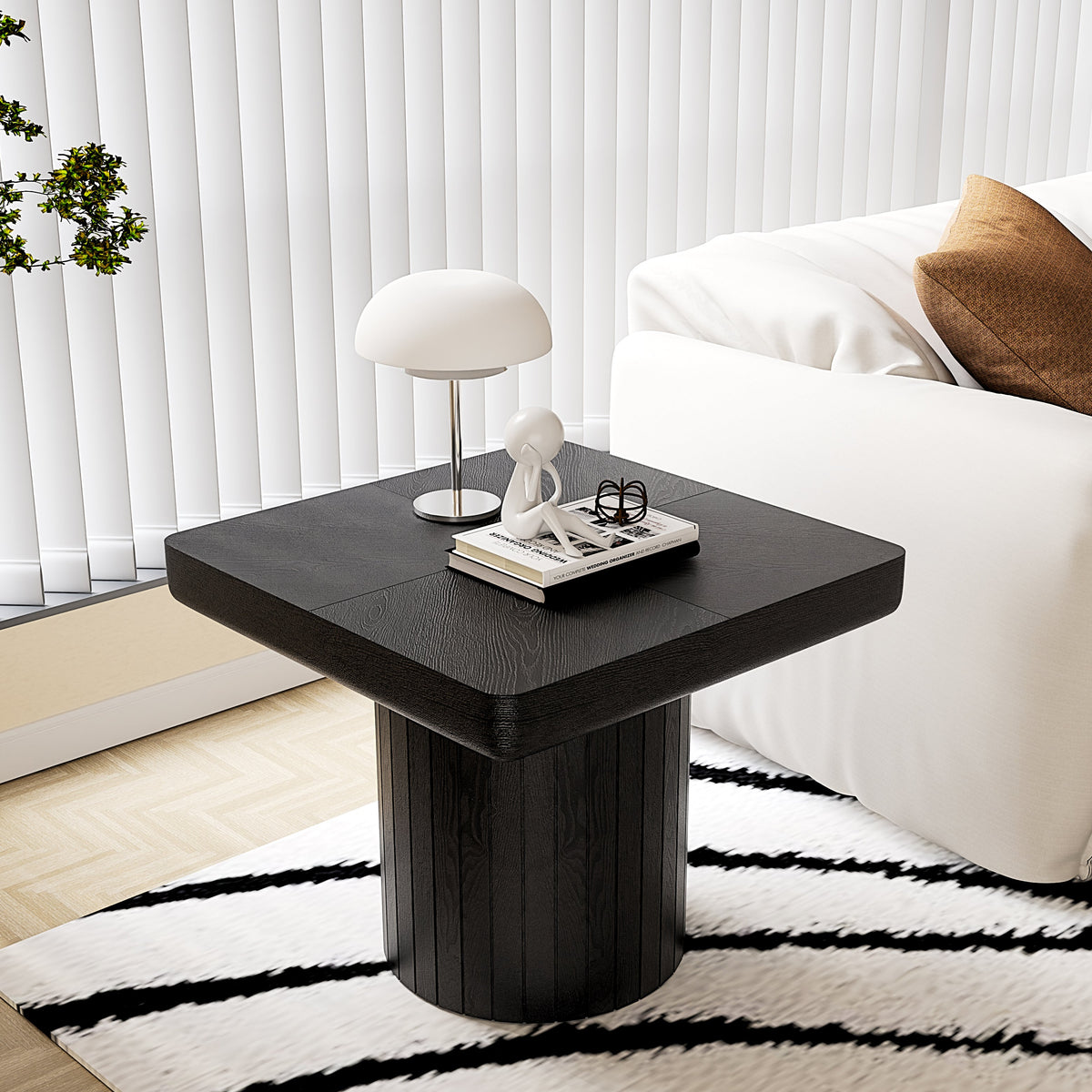 23.6'' Modern Solid Wood Veneer End Table, Minimalist Square Side Table with Parquet Pattern, Grooved Cylindrical Base & Thickened Tabletop, Compact Accent Table for Living Room, Matte Black - Sonkuki