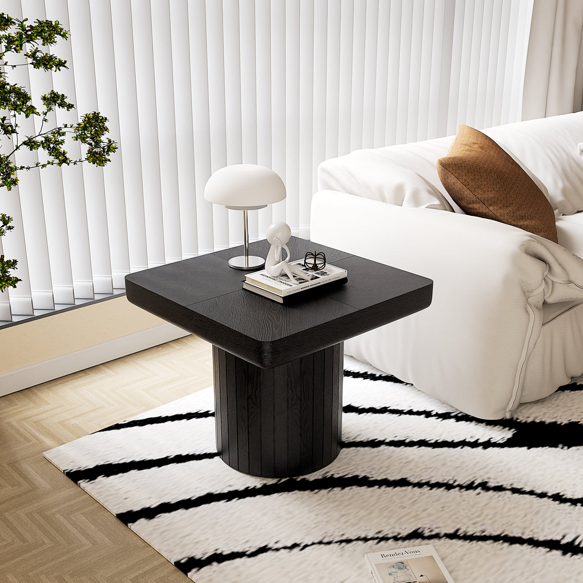 23.6'' Modern Solid Wood Veneer End Table, Minimalist Square Side Table with Parquet Pattern, Grooved Cylindrical Base & Thickened Tabletop, Compact Accent Table for Living Room, Matte Black - Sonkuki