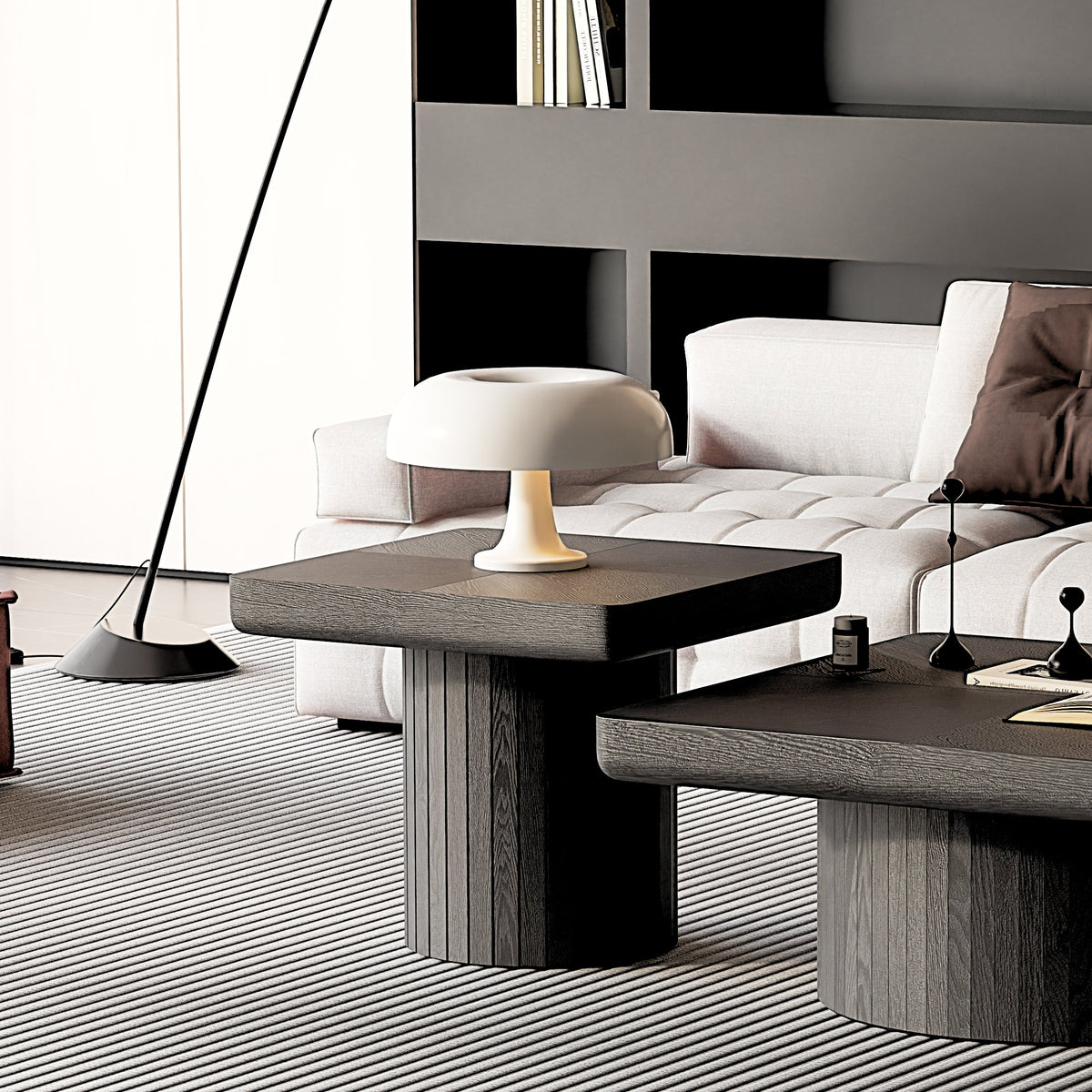 23.6'' Modern Solid Wood Veneer End Table, Minimalist Square Side Table with Parquet Pattern, Grooved Cylindrical Base & Thickened Tabletop, Compact Accent Table for Living Room, Matte Black - Sonkuki