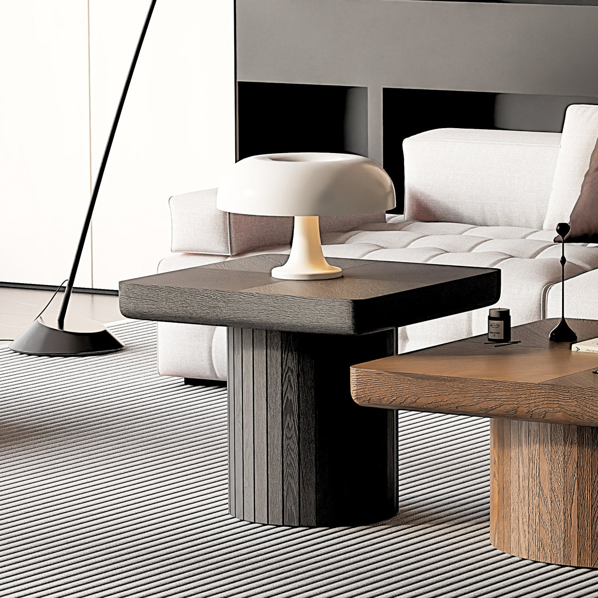 23.6'' Modern Solid Wood Veneer End Table, Minimalist Square Side Table with Parquet Pattern, Grooved Cylindrical Base & Thickened Tabletop, Compact Accent Table for Living Room, Matte Black - Sonkuki
