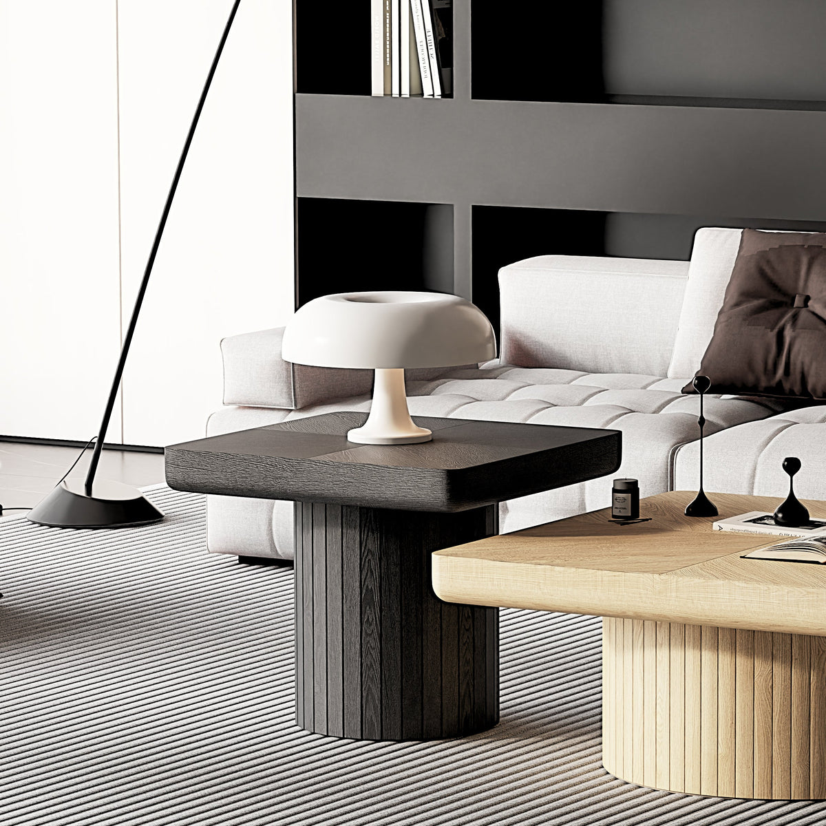 23.6'' Modern Solid Wood Veneer End Table, Minimalist Square Side Table with Parquet Pattern, Grooved Cylindrical Base & Thickened Tabletop, Compact Accent Table for Living Room, Matte Black - Sonkuki
