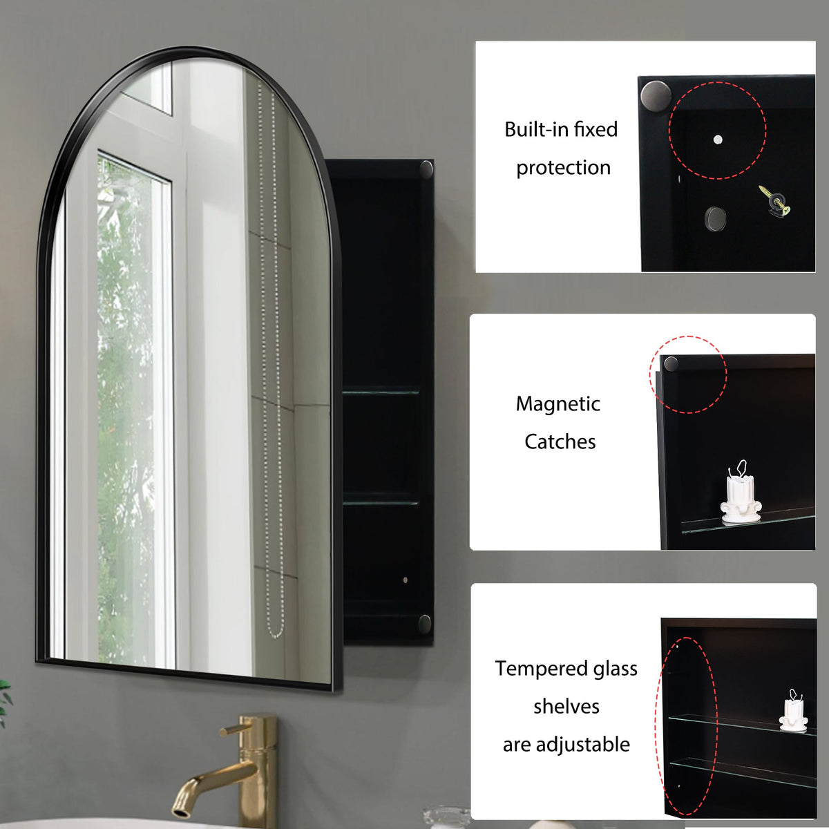 24x36 Inch Arched Recessed Medicine Cabinet, Metal Framed Bathroom Wall Cabinet - Sonkuki