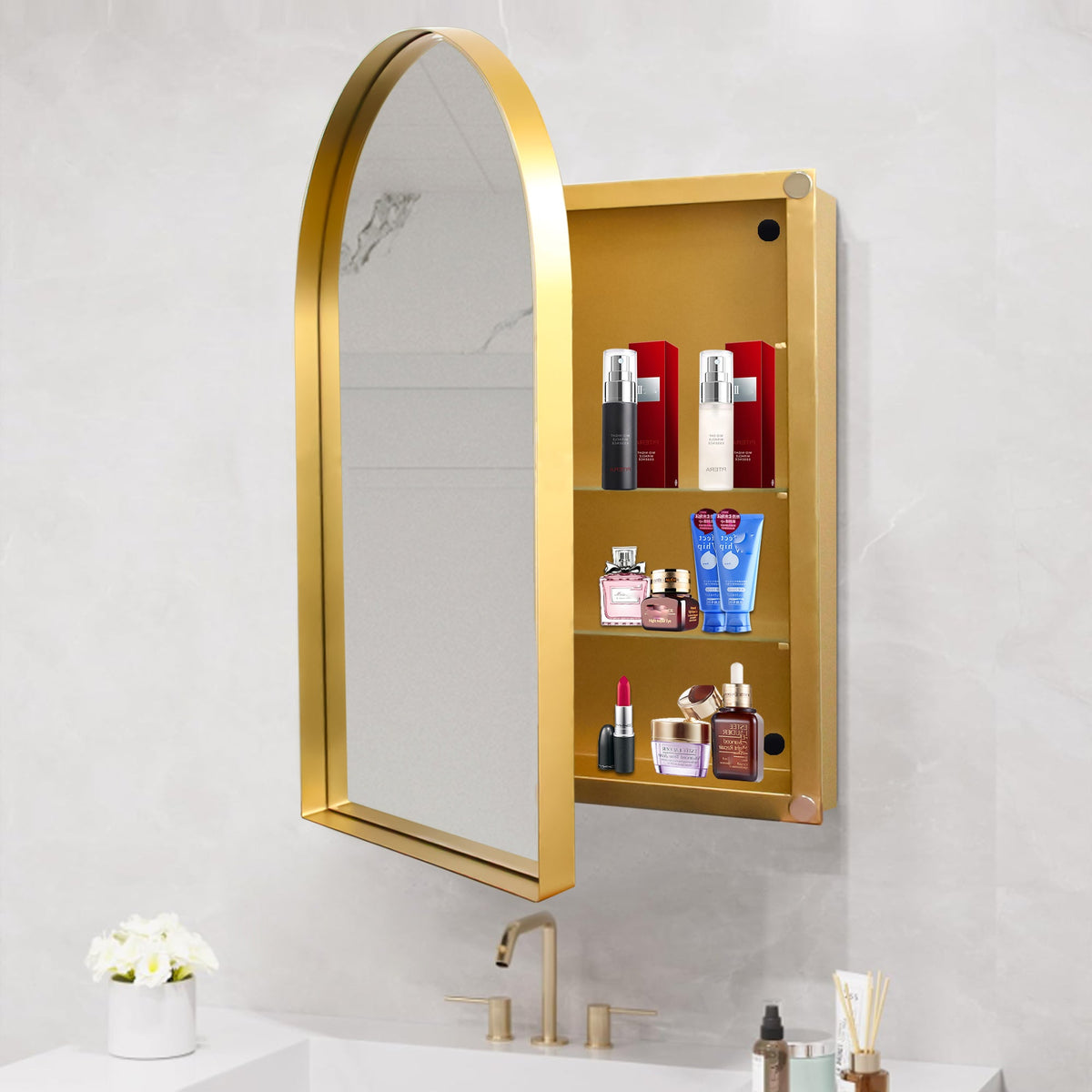 24x36 Inch Arched Recessed Medicine Cabinet, Metal Framed Bathroom Wall Cabinet - Sonkuki