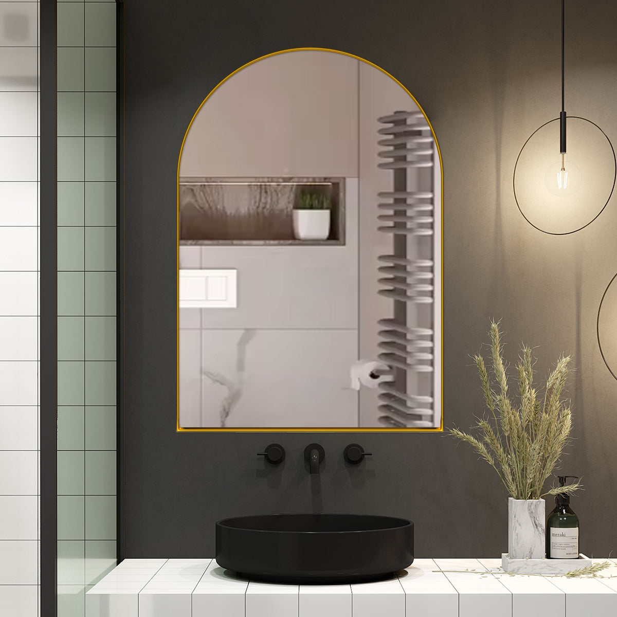24x36 Inch Arched Recessed Medicine Cabinet, Metal Framed Bathroom Wall Cabinet - Sonkuki