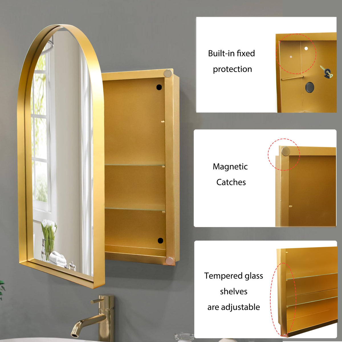 24x36 Inch Arched Recessed Medicine Cabinet, Metal Framed Bathroom Wall Cabinet - Sonkuki