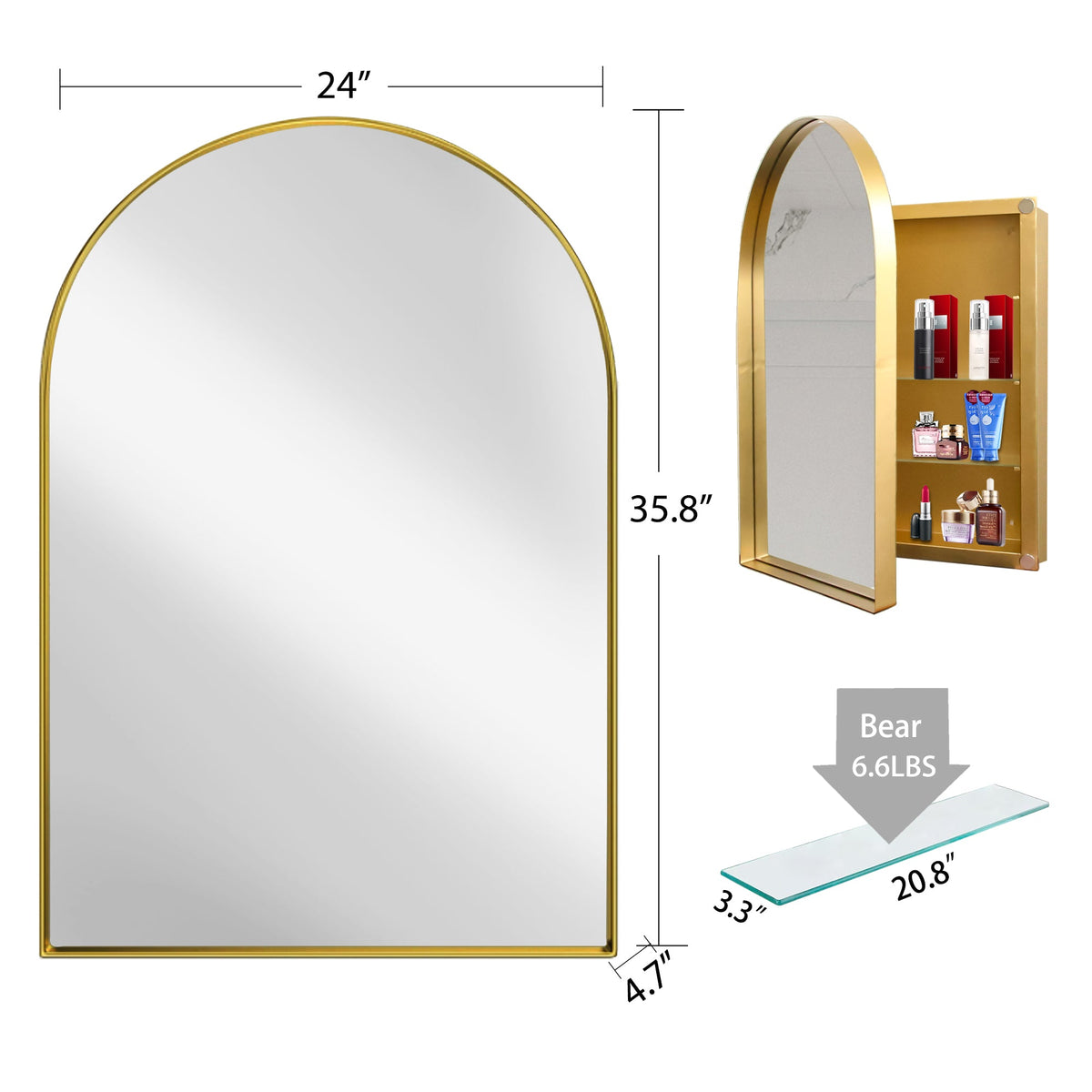 24x36 Inch Arched Recessed Medicine Cabinet, Metal Framed Bathroom Wall Cabinet - Sonkuki