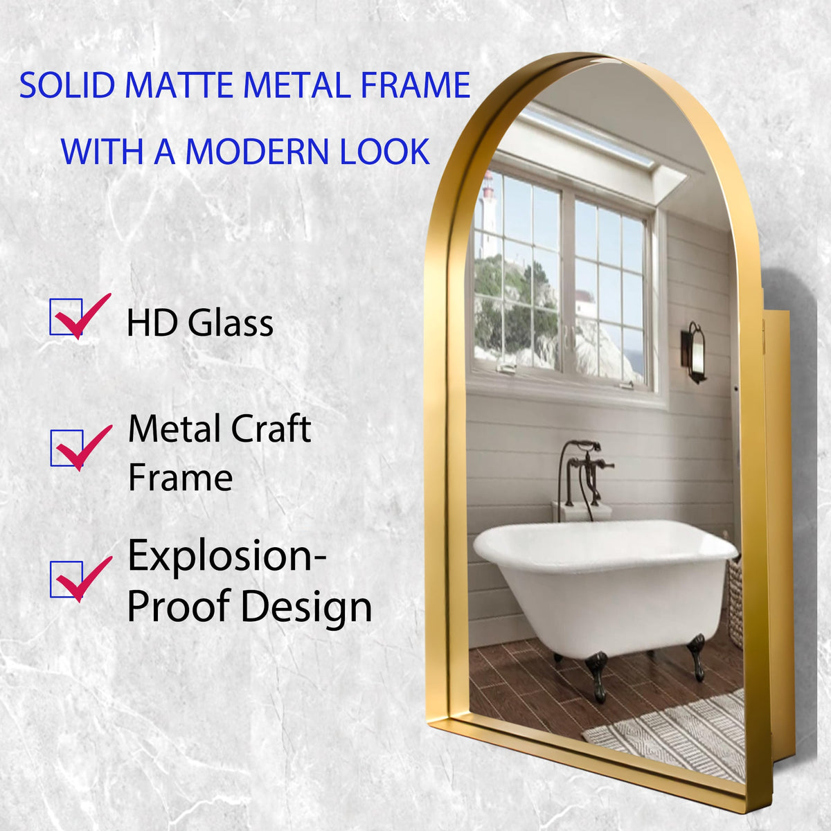 24x36 Inch Arched Recessed Medicine Cabinet, Metal Framed Bathroom Wall Cabinet - Sonkuki