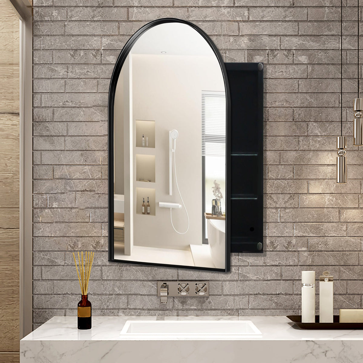 24x36 Inch Arched Recessed Medicine Cabinet, Metal Framed Bathroom Wall Cabinet - Sonkuki