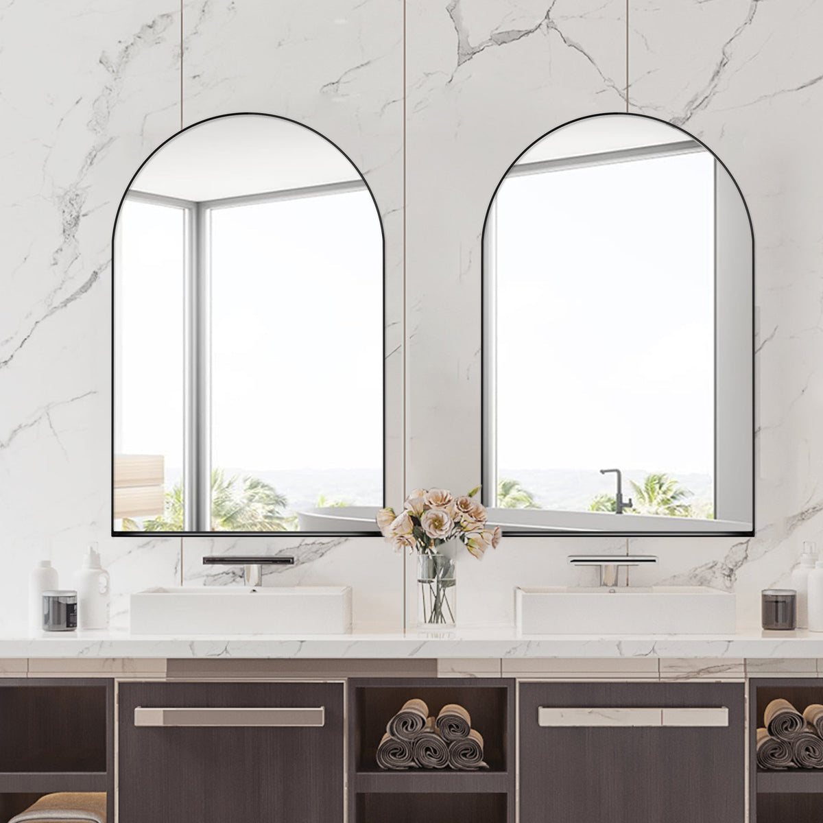 24x36 Inch Arched Recessed Medicine Cabinet, Metal Framed Bathroom Wall Cabinet - Sonkuki