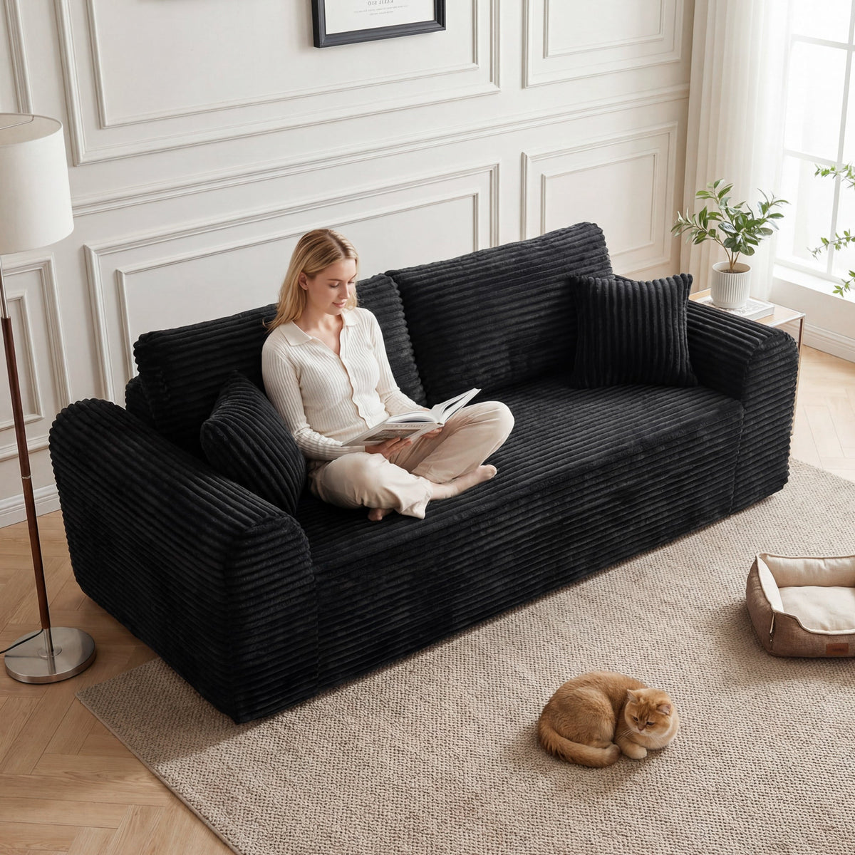 3 Seater Couch, Corduroy Boneless Couches for Living Room,26.4" Cloud Couch with Deep Seat,Comfy Floor Sofa with 2 Pillows,Upholstered Floor Sofa in A Box - Sonkuki