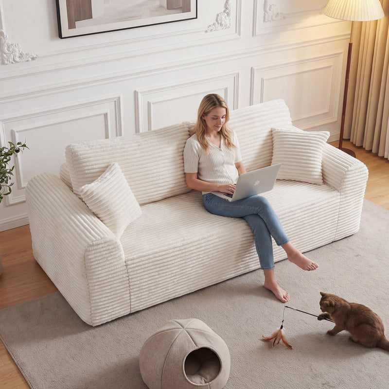 3 Seater Couch, Corduroy Boneless Couches for Living Room,26.4" Cloud Couch with Deep Seat,Comfy Floor Sofa with 2 Pillows,Upholstered Floor Sofa in A Box - Sonkuki