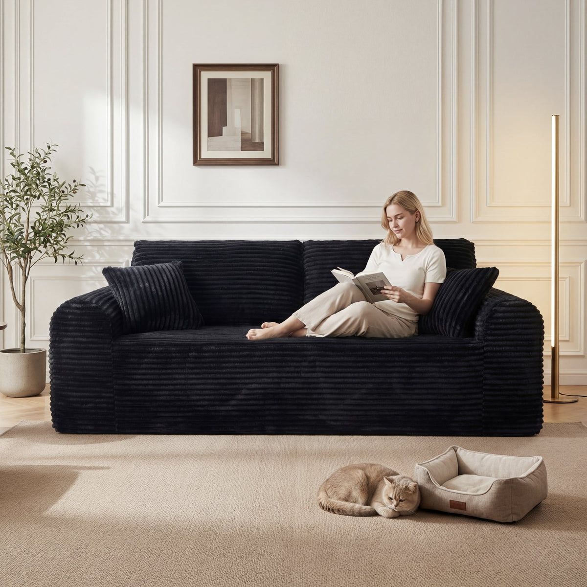 3 Seater Couch, Corduroy Boneless Couches for Living Room,26.4" Cloud Couch with Deep Seat,Comfy Floor Sofa with 2 Pillows,Upholstered Floor Sofa in A Box - Sonkuki