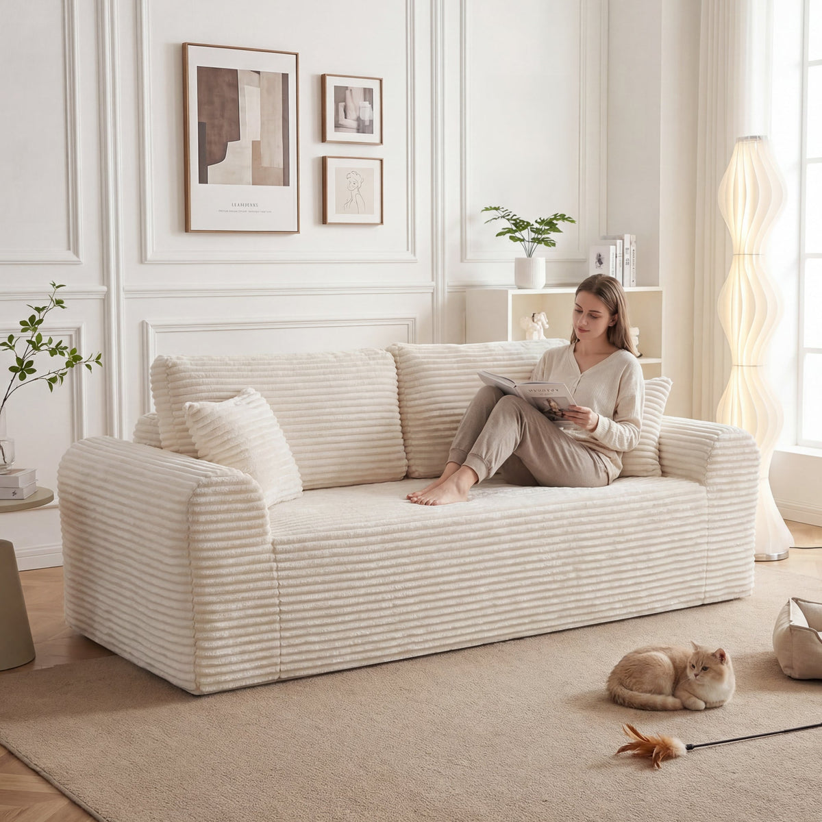 3 Seater Couch, Corduroy Boneless Couches for Living Room,26.4" Cloud Couch with Deep Seat,Comfy Floor Sofa with 2 Pillows,Upholstered Floor Sofa in A Box - Sonkuki
