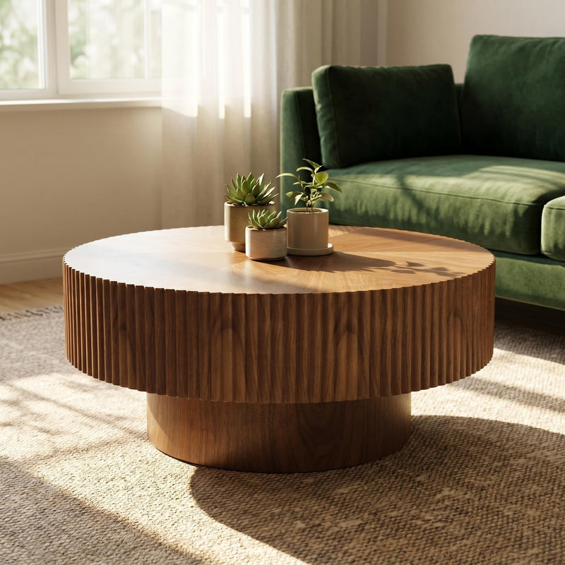 31.49'' Round Coffee Table Small Coffee Table for Apartment, Modern Living Room Coffee Table with Sturdy Pedestal,WALNUT - Sonkuki