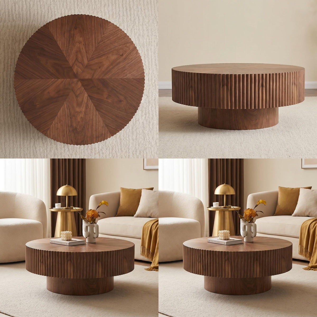 31.49'' Round Coffee Table Small Coffee Table for Apartment, Modern Living Room Coffee Table with Sturdy Pedestal,WALNUT - Sonkuki