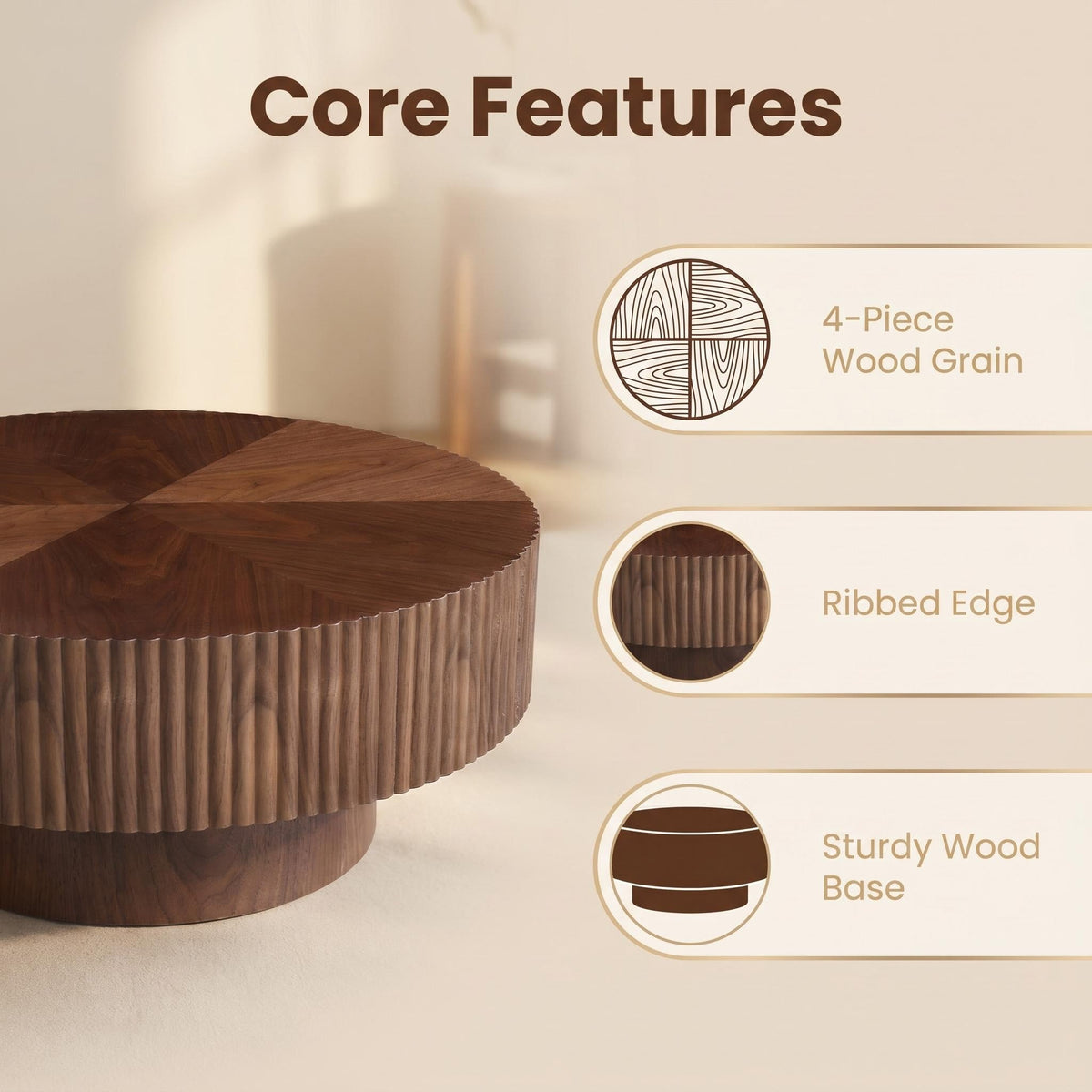 31.49'' Round Coffee Table Small Coffee Table for Apartment, Modern Living Room Coffee Table with Sturdy Pedestal,WALNUT - Sonkuki