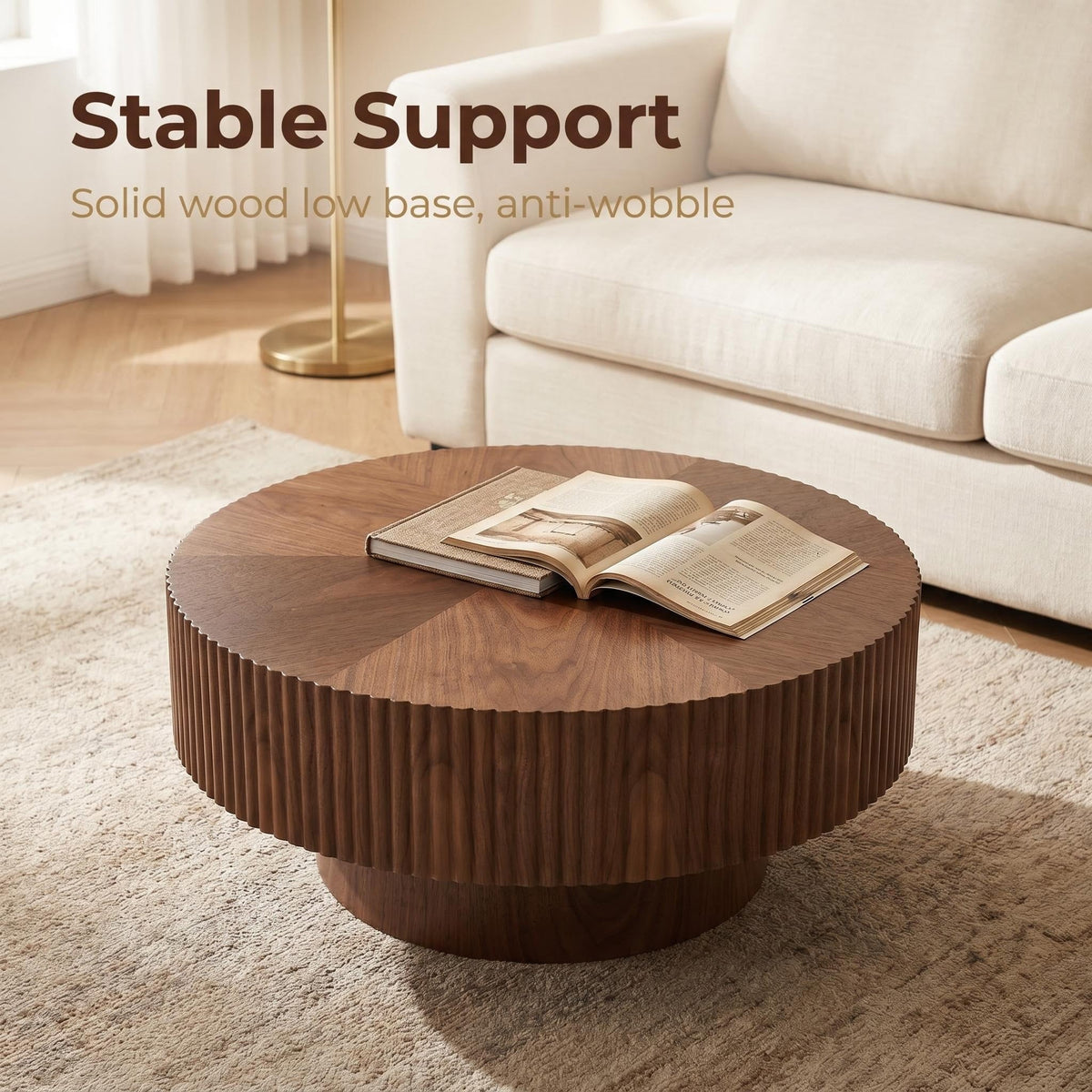 31.49'' Round Coffee Table Small Coffee Table for Apartment, Modern Living Room Coffee Table with Sturdy Pedestal,WALNUT - Sonkuki