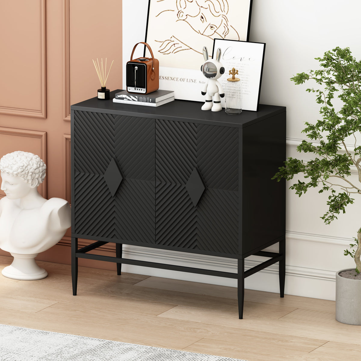 31.50" Modern 2 Door Wooden Storage Cabinet Accent Cabinet with Metal Leg Featuring Two-tier Storage, for Living Room, Entryway and Dining Room, Painted in Black - Sonkuki