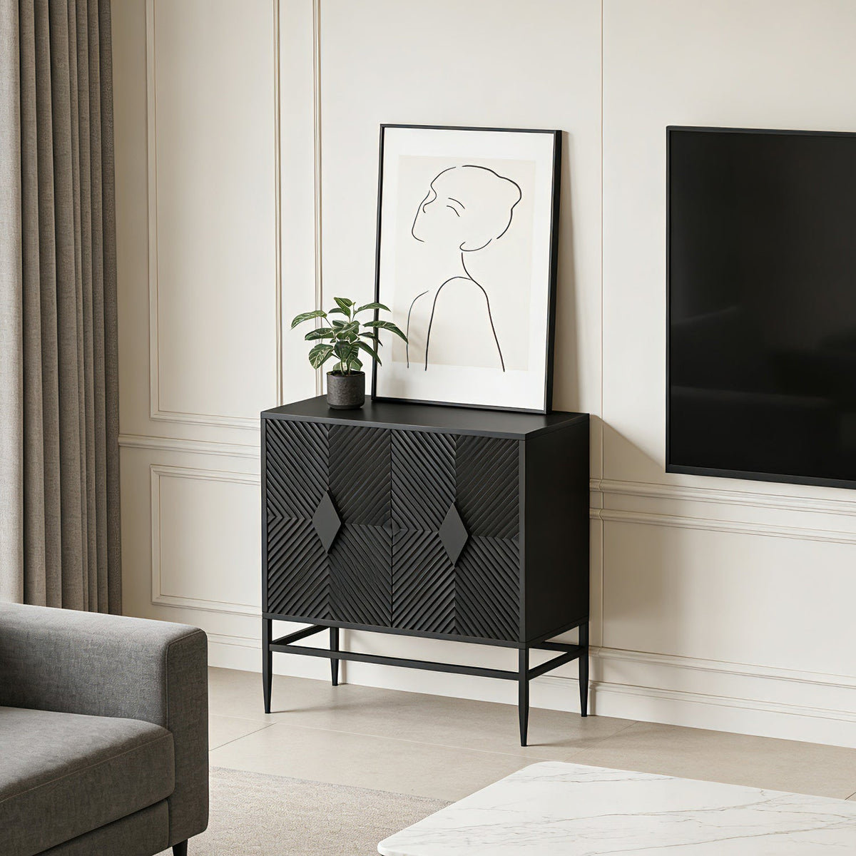 31.50" Modern 2 Door Wooden Storage Cabinet Accent Cabinet with Metal Leg Featuring Two-tier Storage, for Living Room, Entryway and Dining Room, Painted in Black - Sonkuki
