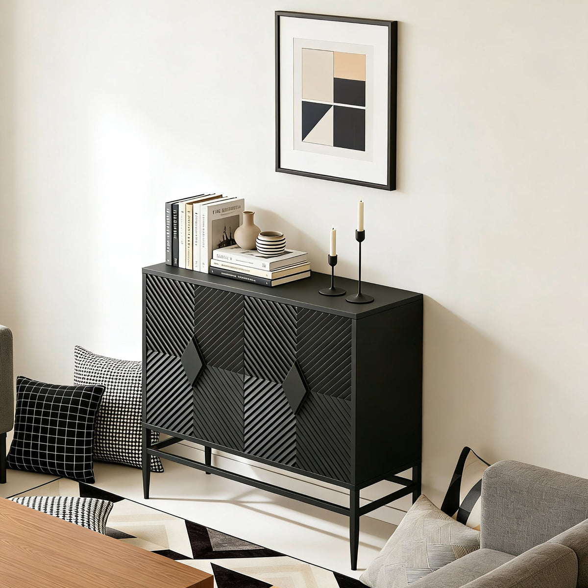 31.50" Modern 2 Door Wooden Storage Cabinet Accent Cabinet with Metal Leg Featuring Two-tier Storage, for Living Room, Entryway and Dining Room, Painted in Black - Sonkuki