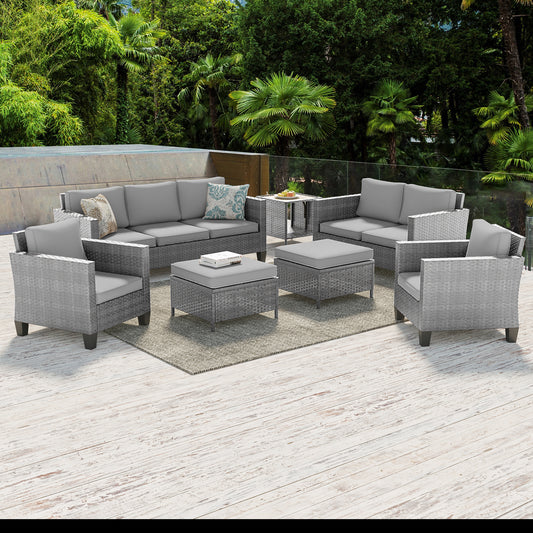 SONSUKI 7 Pieces Furniture Set with Loveseat Sofa, All-Weather PE Rattan Wicker Chair Set Patio Conversation Couch with Cushion