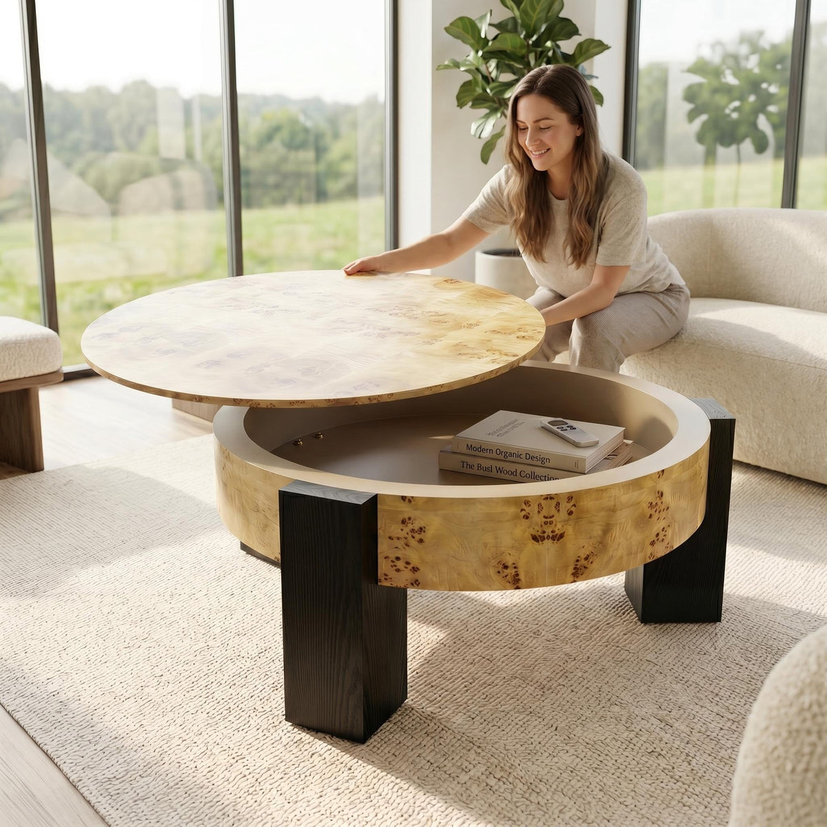 33'' Round Burl Wood Storage Coffee Table, Organic Modern Hidden Compartment Cocktail Table, 3 Block Legs Sturdy Center Accent Table for Living Room, Small Space, Natural Burl & Black - Sonkuki