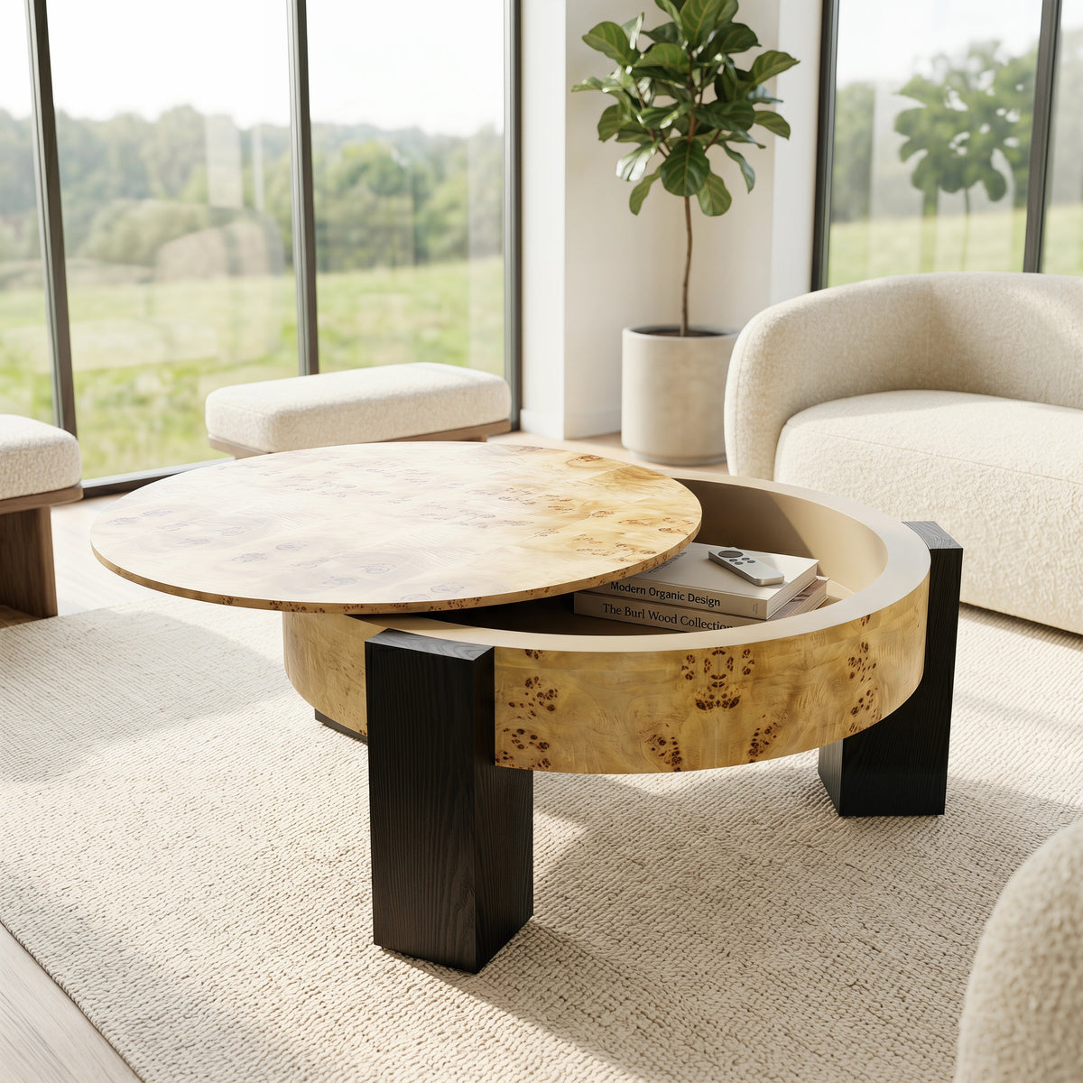 33'' Round Burl Wood Storage Coffee Table, Organic Modern Hidden Compartment Cocktail Table, 3 Block Legs Sturdy Center Accent Table for Living Room, Small Space, Natural Burl & Black - Sonkuki