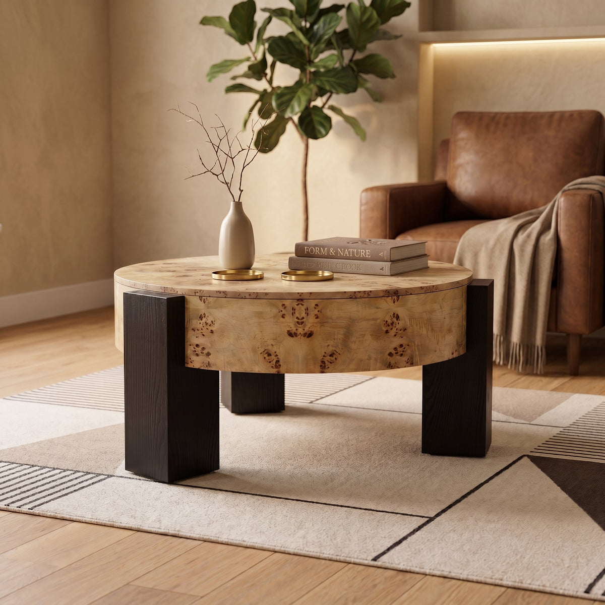 33'' Round Burl Wood Storage Coffee Table, Organic Modern Hidden Compartment Cocktail Table, 3 Block Legs Sturdy Center Accent Table for Living Room, Small Space, Natural Burl & Black - Sonkuki