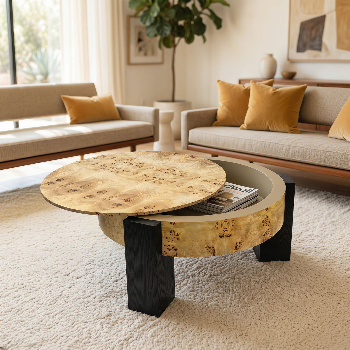 33'' Round Burl Wood Storage Coffee Table, Organic Modern Hidden Compartment Cocktail Table, 3 Block Legs Sturdy Center Accent Table for Living Room, Small Space, Natural Burl & Black - Sonkuki