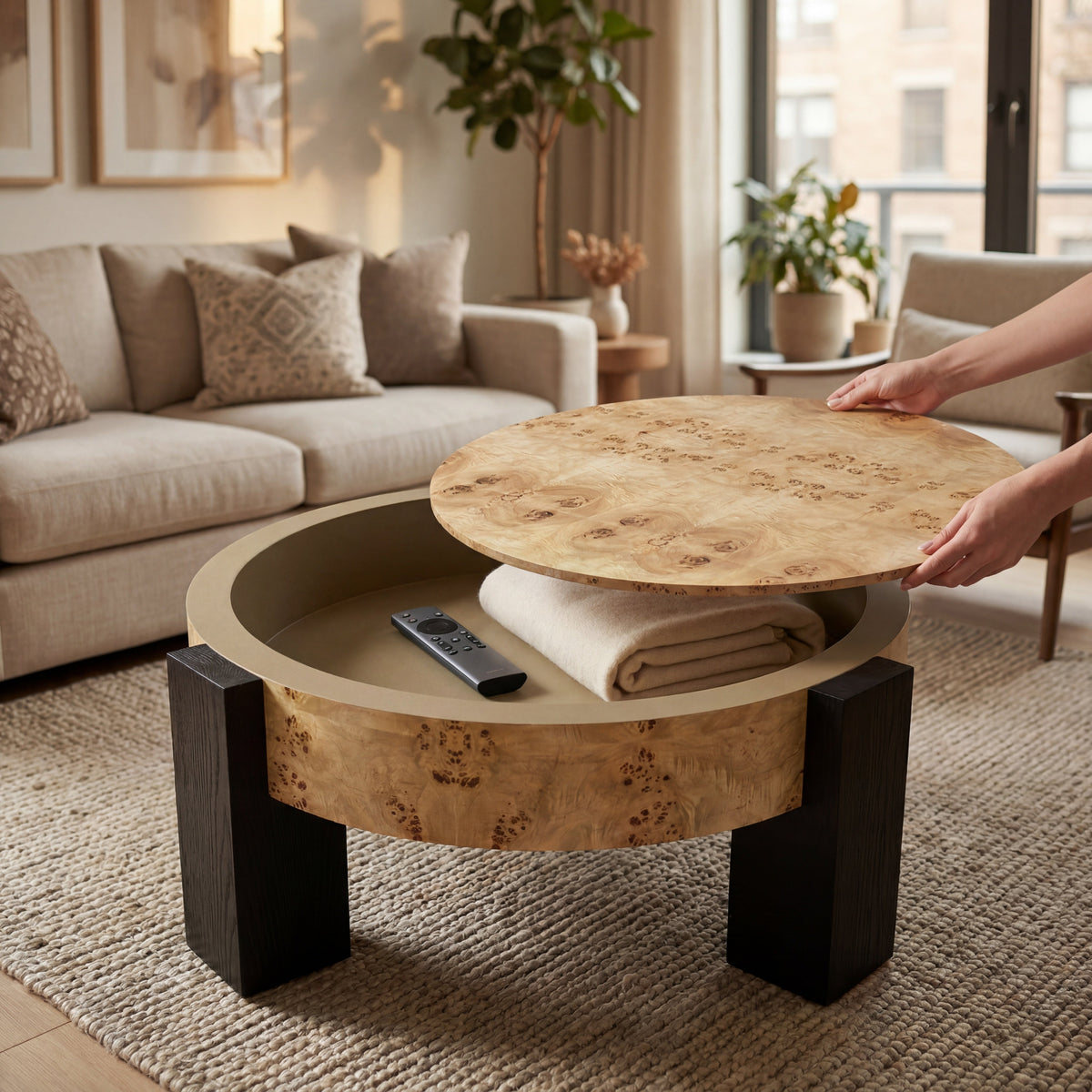 33'' Round Burl Wood Storage Coffee Table, Organic Modern Hidden Compartment Cocktail Table, 3 Block Legs Sturdy Center Accent Table for Living Room, Small Space, Natural Burl & Black - Sonkuki