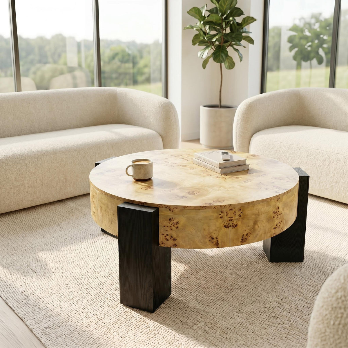 33'' Round Burl Wood Storage Coffee Table, Organic Modern Hidden Compartment Cocktail Table, 3 Block Legs Sturdy Center Accent Table for Living Room, Small Space, Natural Burl & Black - Sonkuki
