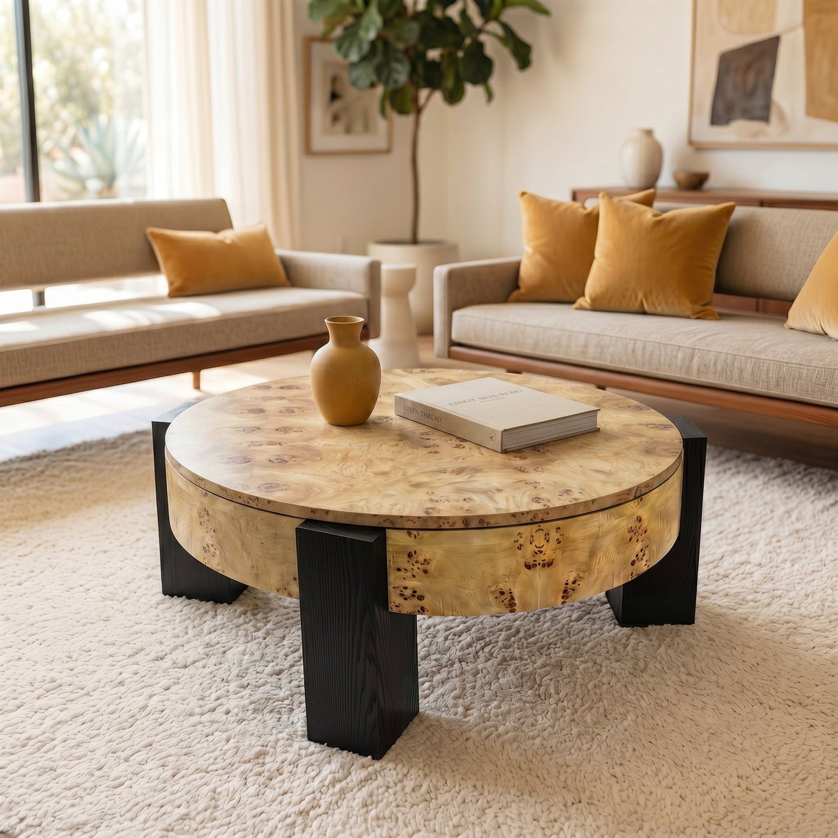 33'' Round Burl Wood Storage Coffee Table, Organic Modern Hidden Compartment Cocktail Table, 3 Block Legs Sturdy Center Accent Table for Living Room, Small Space, Natural Burl & Black - Sonkuki