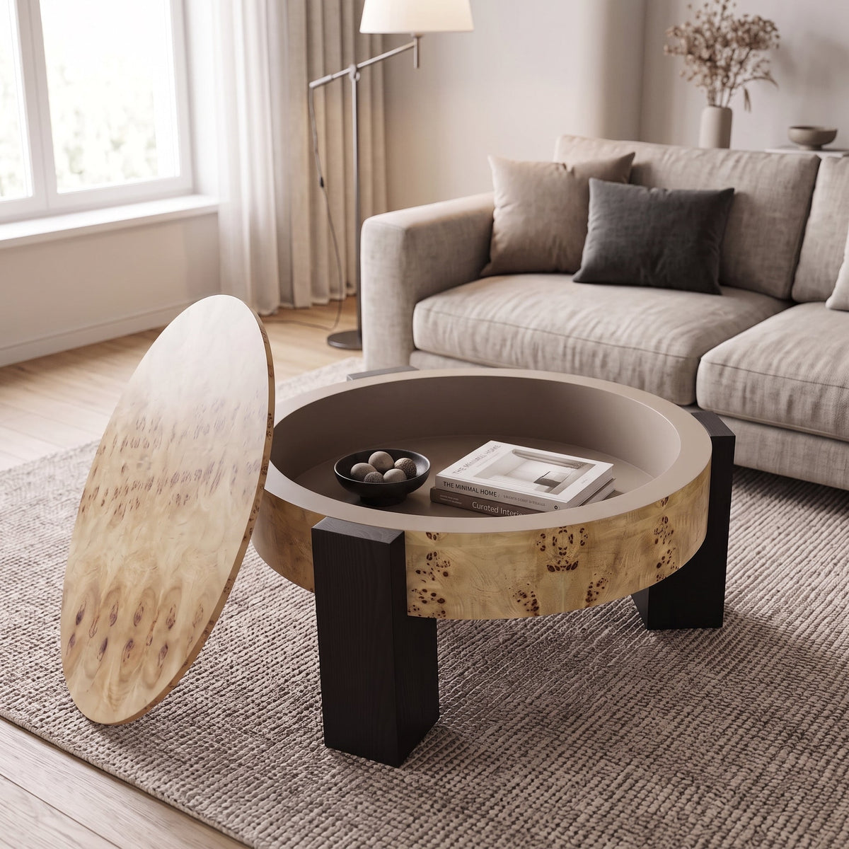 33'' Round Burl Wood Storage Coffee Table, Organic Modern Hidden Compartment Cocktail Table, 3 Block Legs Sturdy Center Accent Table for Living Room, Small Space, Natural Burl & Black - Sonkuki