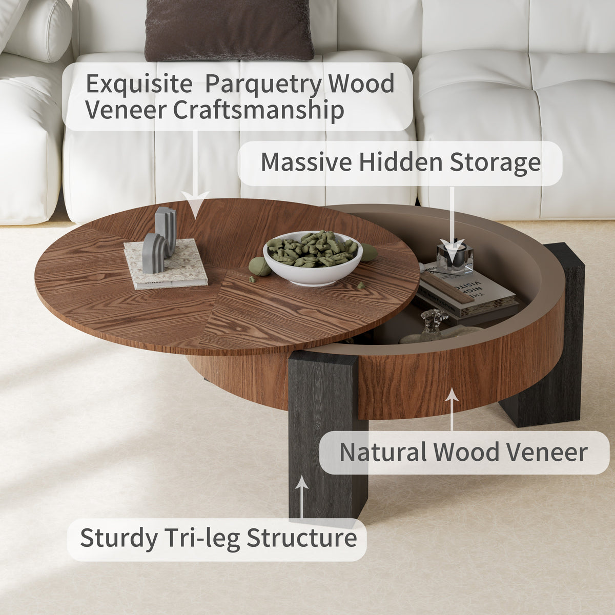 33'' Round Coffee Table with Hidden Storage, Modern Wabi-Sabi Wood Parquet Veneer Top Table, 3 Block Legs Sturdy Center Accent Table for Living Room, Small Space - Sonkuki