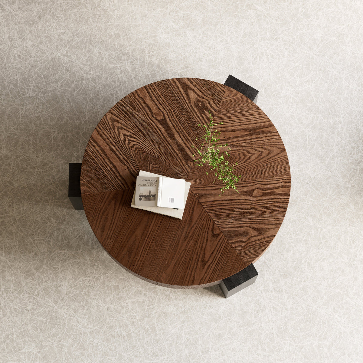 33'' Round Coffee Table with Hidden Storage, Modern Wabi-Sabi Wood Parquet Veneer Top Table, 3 Block Legs Sturdy Center Accent Table for Living Room, Small Space - Sonkuki