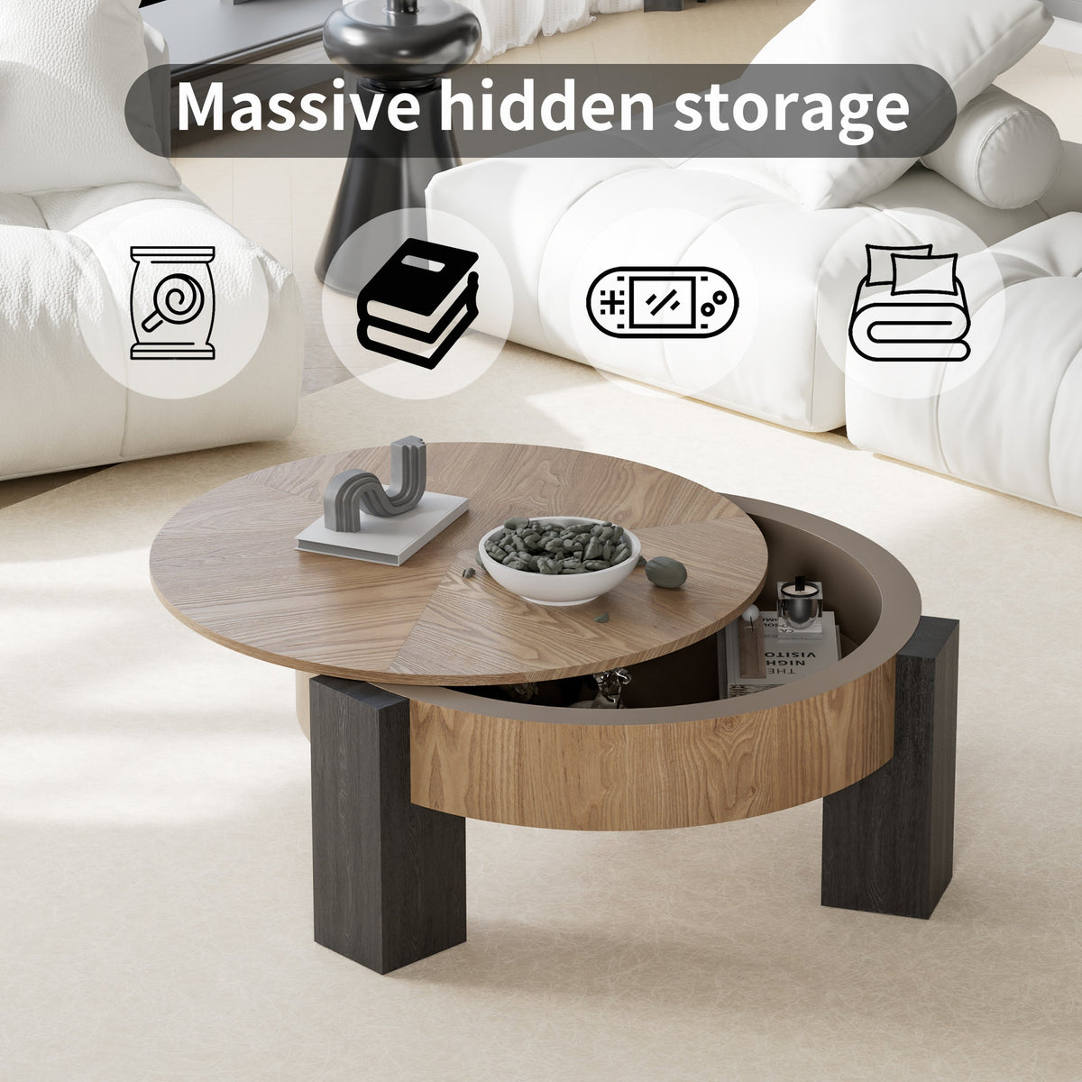 33'' Round Coffee Table with Hidden Storage, Modern Wabi-Sabi Wood Parquet Veneer Top Table, 3 Block Legs Sturdy Center Accent Table for Living Room, Small Space - Sonkuki