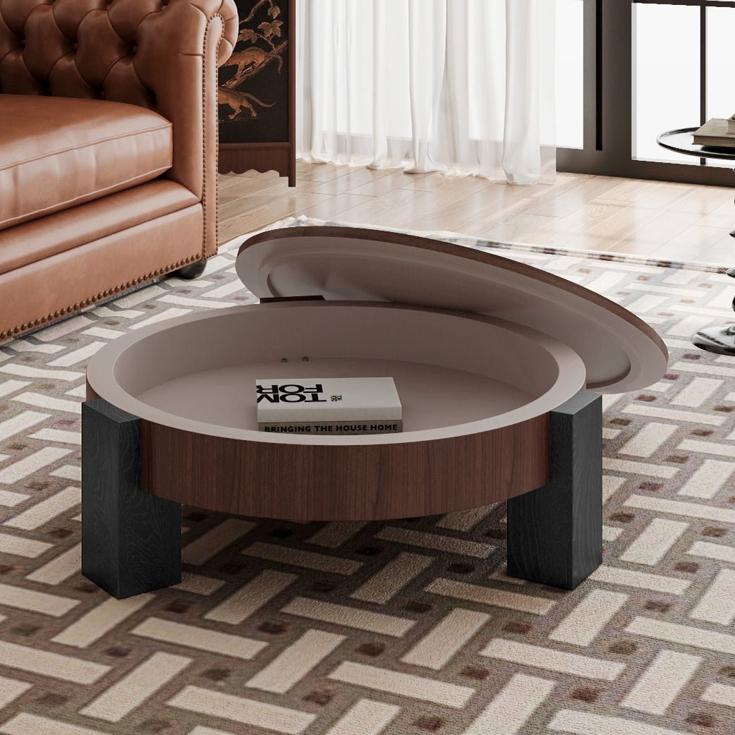 33'' Round Coffee Table with Hidden Storage, Modern Wabi-Sabi Wood Parquet Veneer Top Table, 3 Block Legs Sturdy Center Accent Table for Living Room, Small Space - Sonkuki